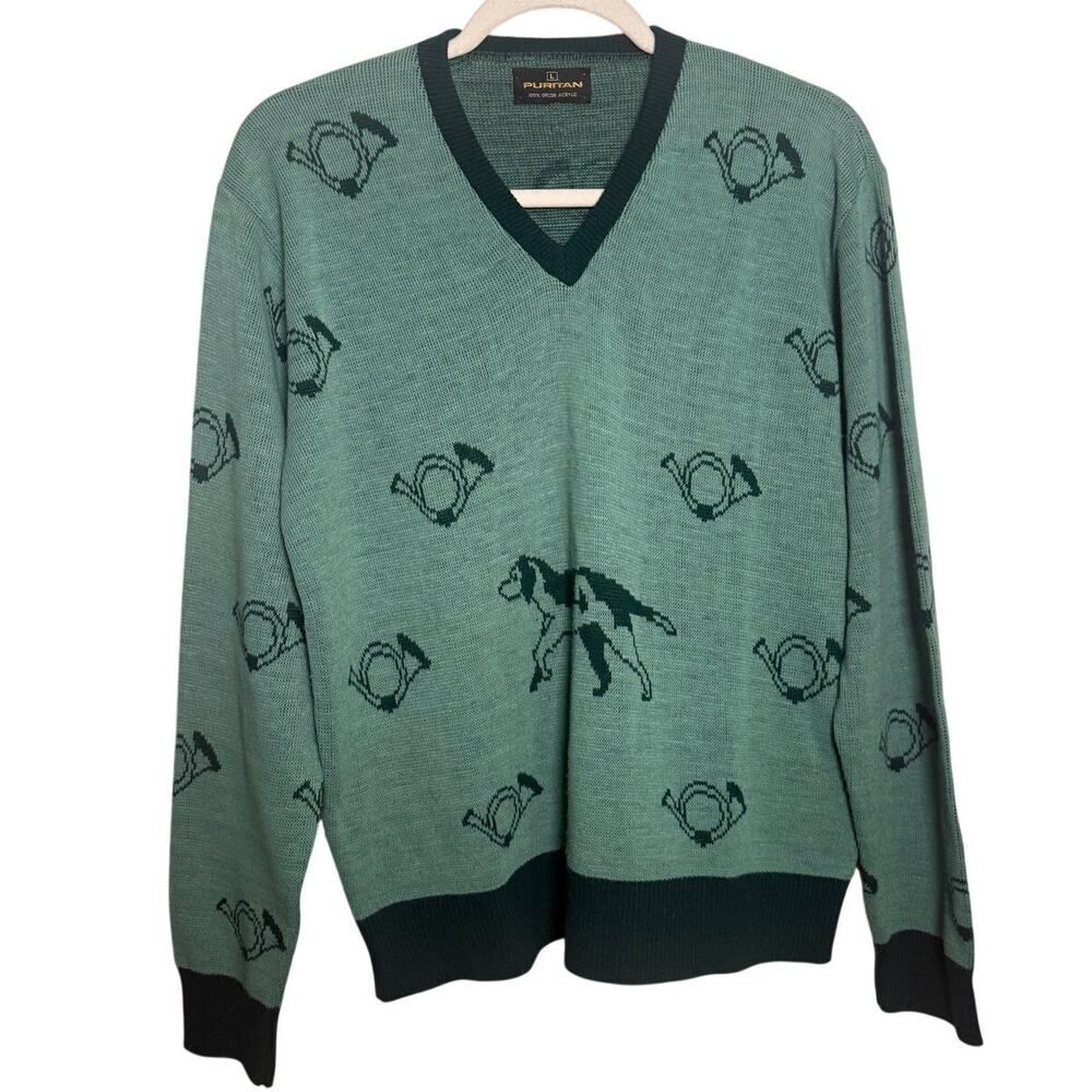 VTG Puritan Green V-Neck Dog & French Horn Sweater Men’s Size L